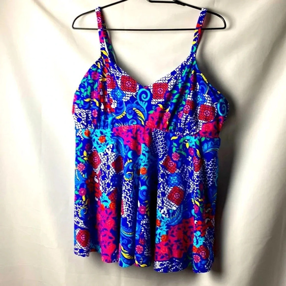 JMS JUST MY SIZE WOMENS SWIM TOP SIZE 22W ROYAL BLUE FLORAL PRINT UNDERWIRE - Picture 1 of 11